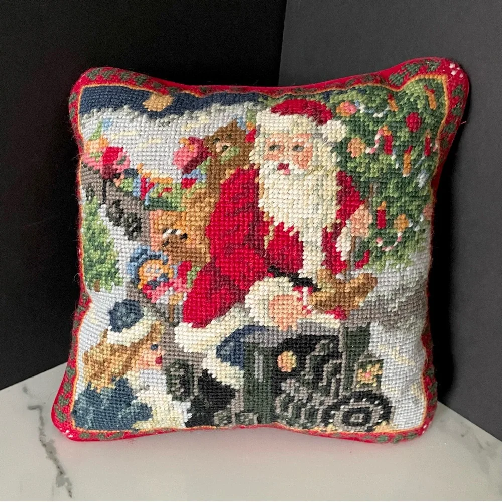 Santa on a Train Holiday Needlepoint Pillow